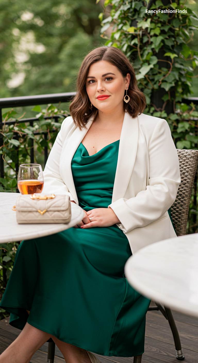 Woman in a green satin cowl neck dress and a white blazer