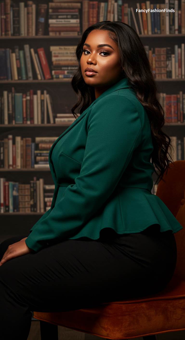 Woman wearing a dark green peplum blazer