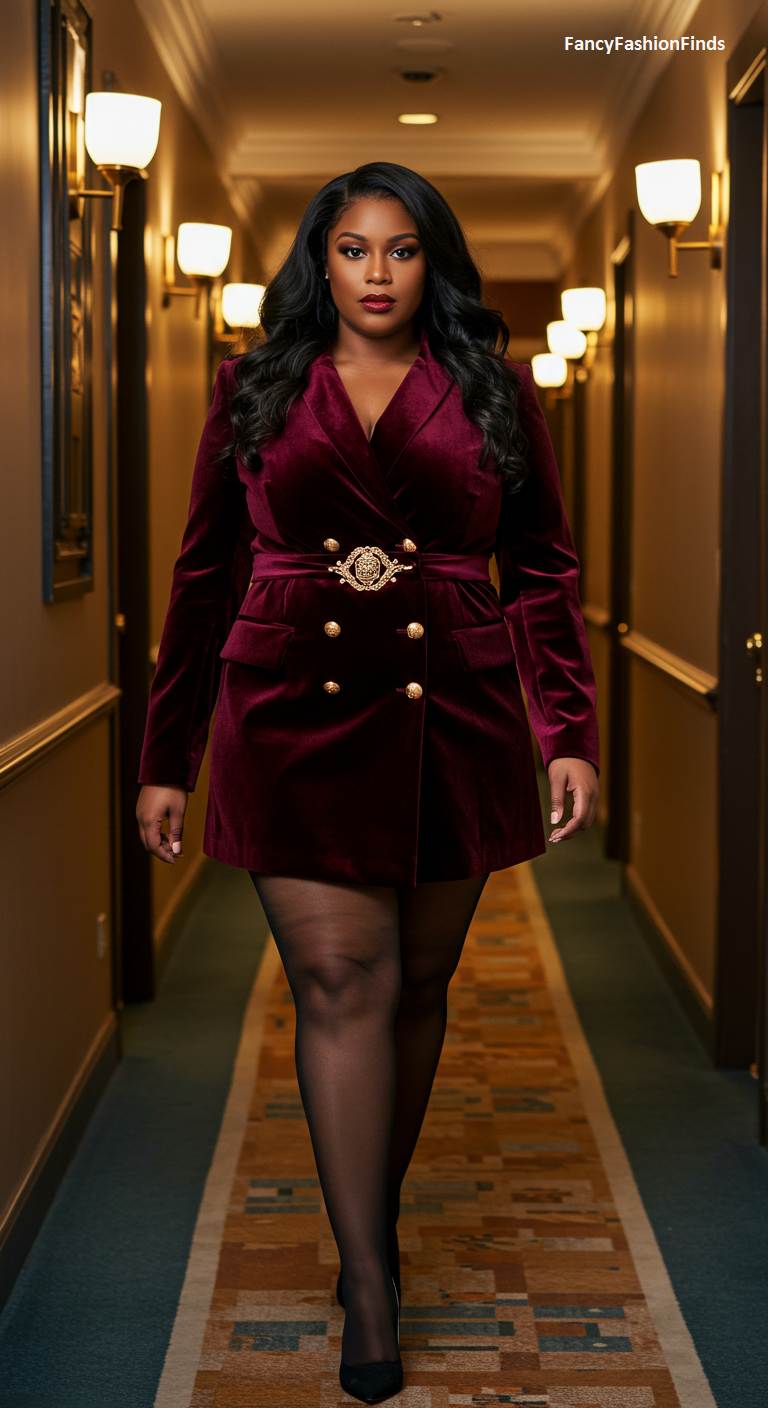 Woman in a hallway wearing a burgundy velvet blazer dress