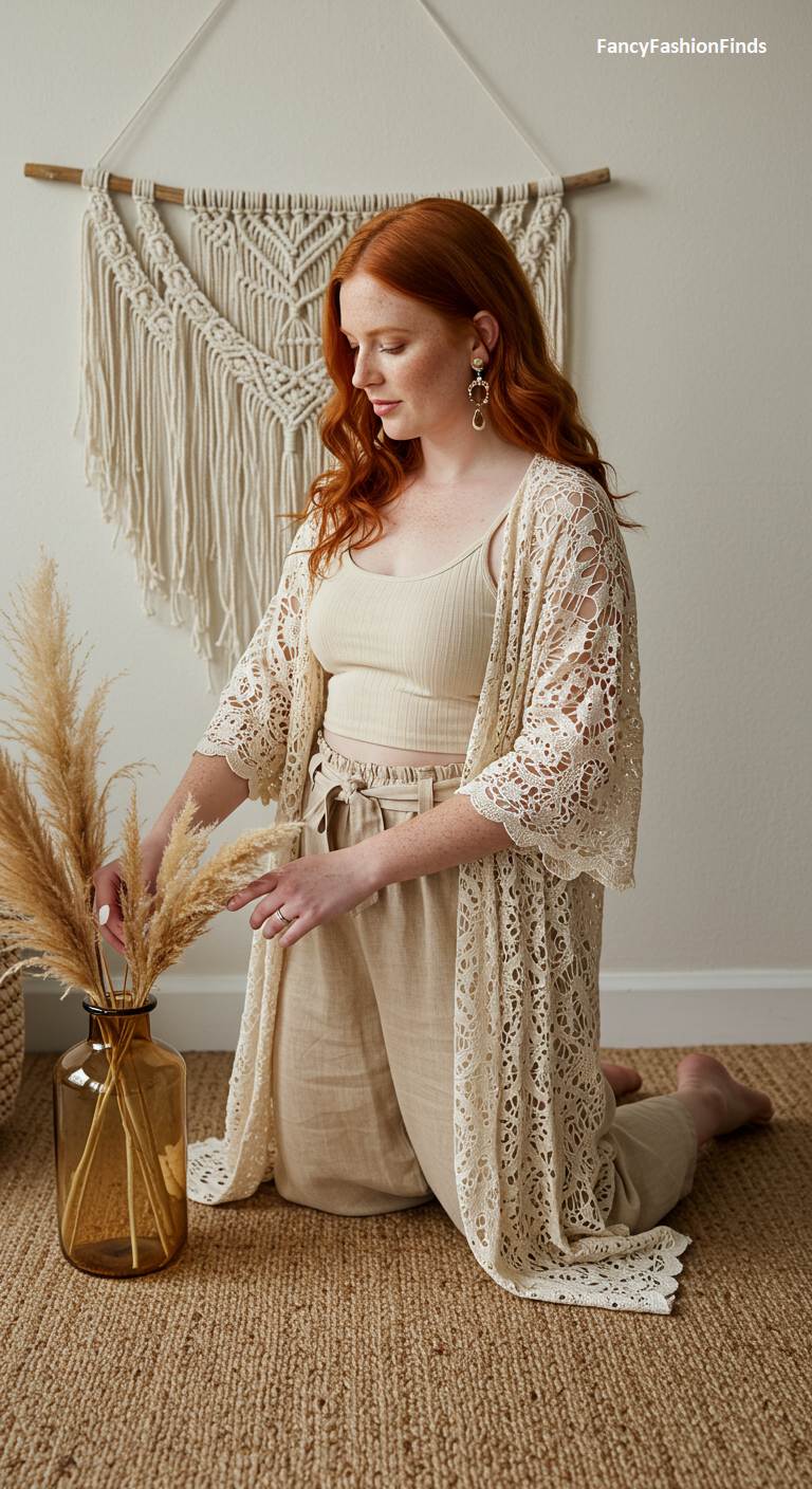 Woman in neutral tones with a lace kimono