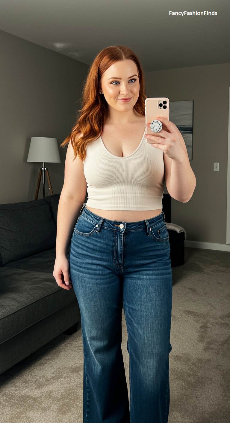Woman in a cropped tank top and wide-leg jeans