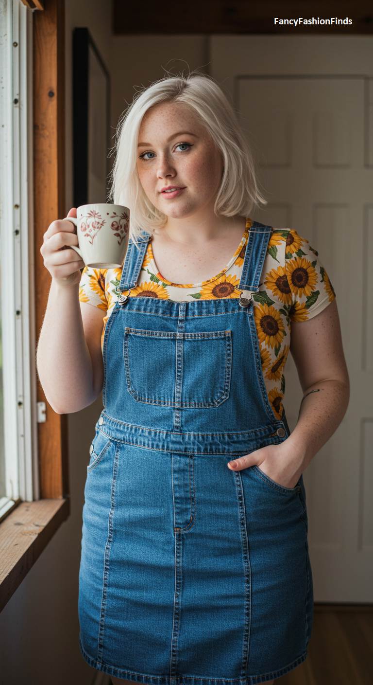 Woman in a denim overall dress and a sunflower t-shirt