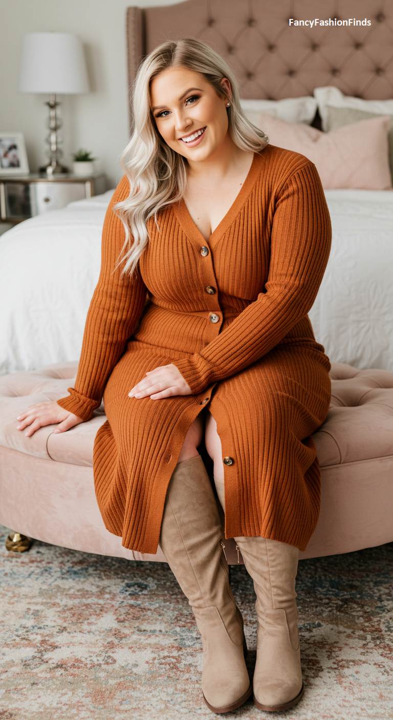 Woman in a rust-colored ribbed knit dress and knee-high boots