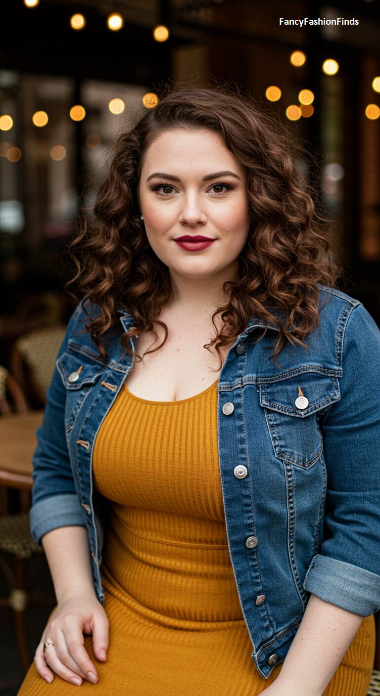 Woman in a mustard yellow ribbed dress and a denim jacket