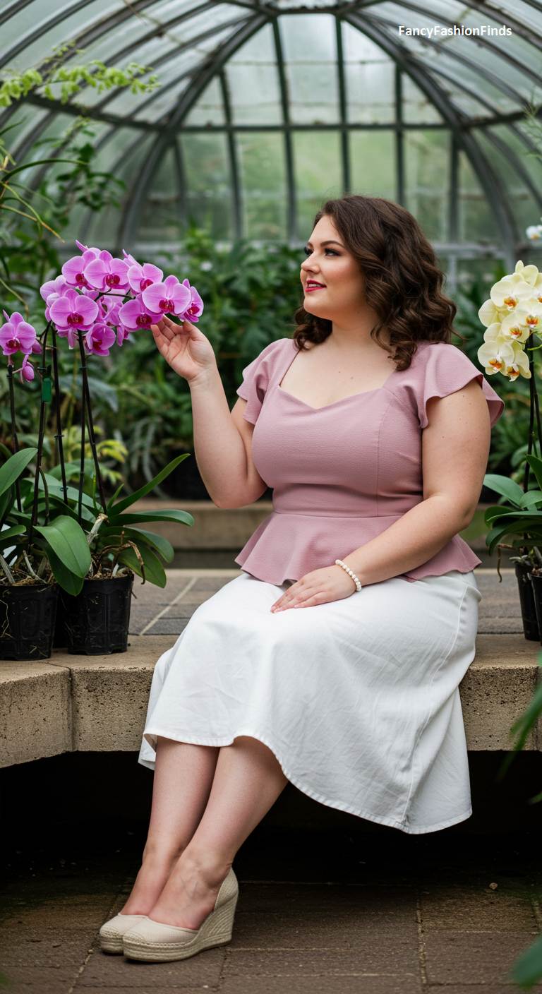 Woman in a pink peplum top and white skirt