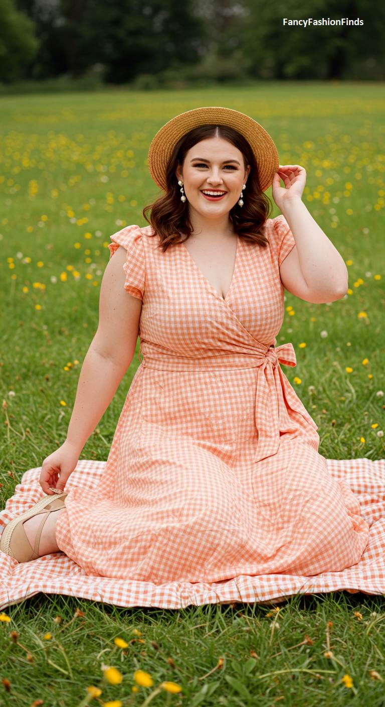 Woman in a peach gingham wrap dress at a picnic