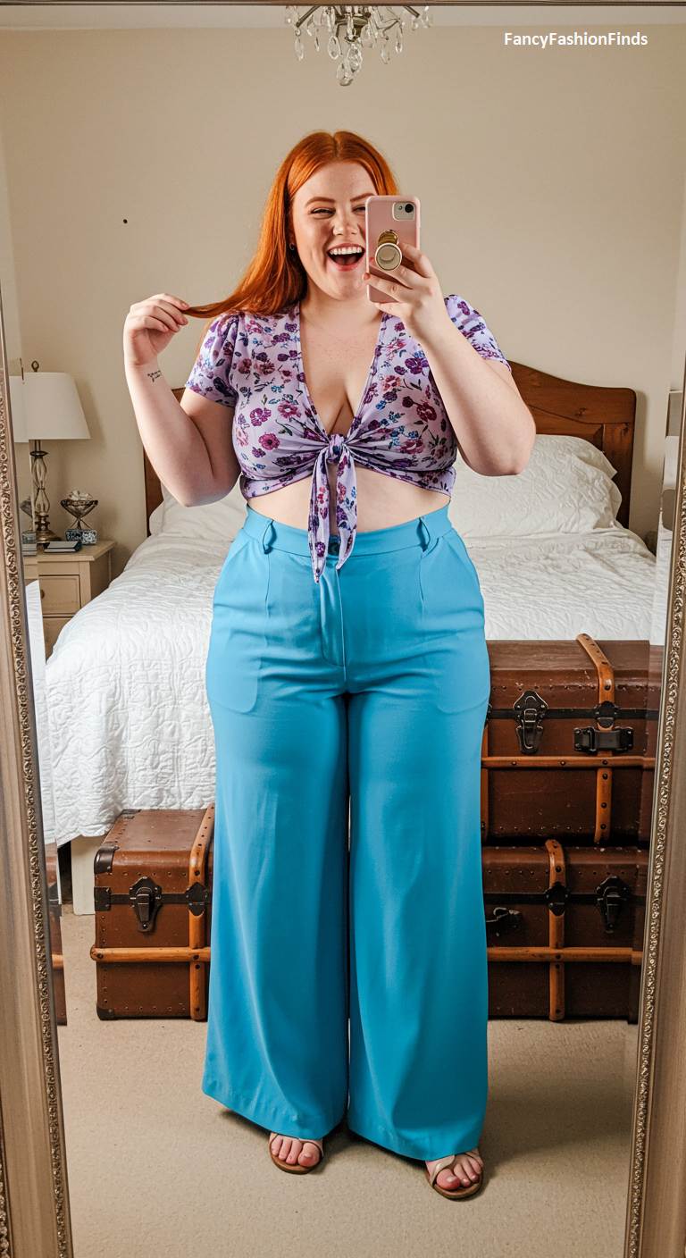 Woman in a floral tie-front top and high-waisted blue trousers