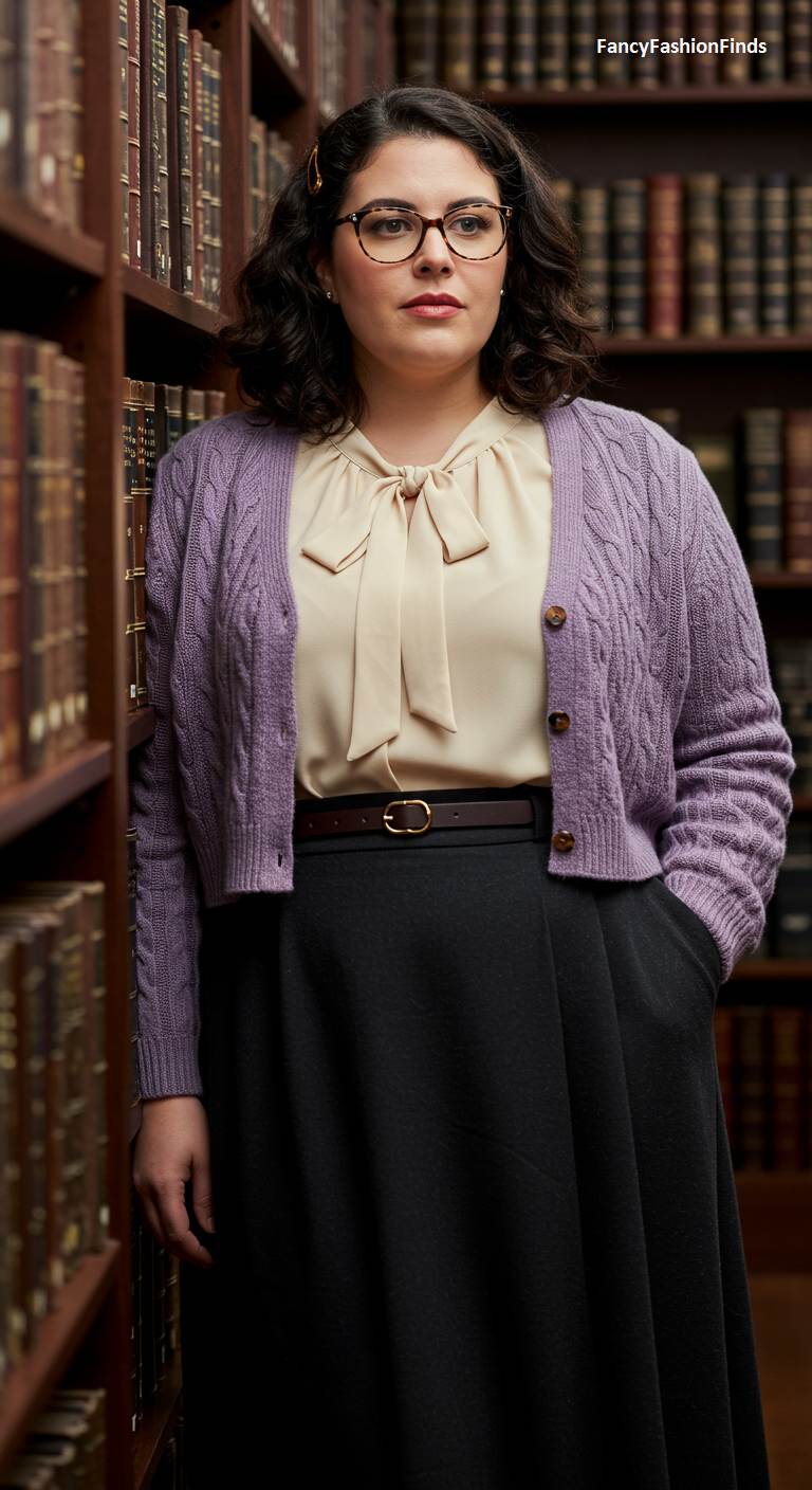 Woman in a library wearing a pussy-bow blouse and cropped cardigan