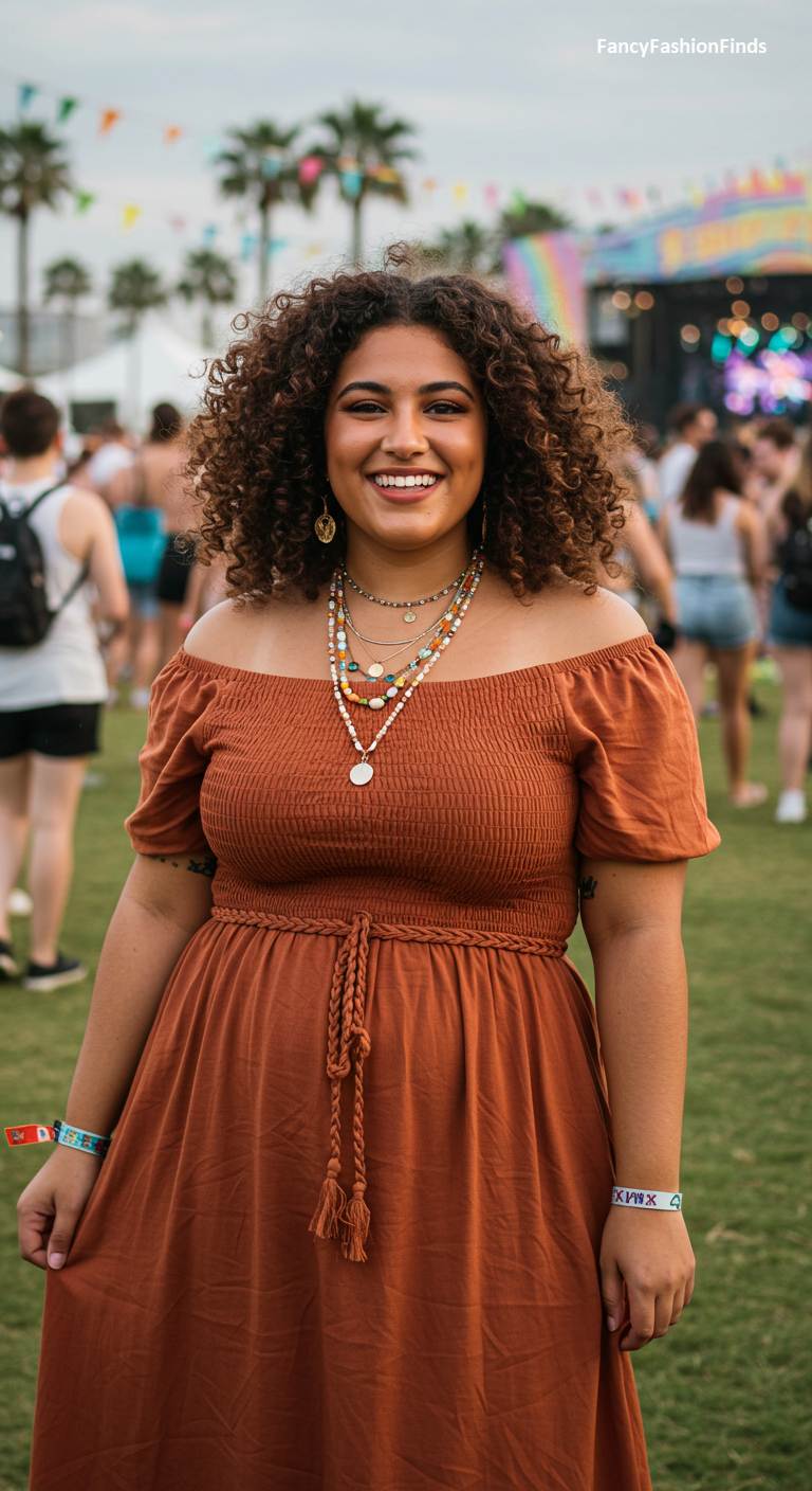 Woman at a festival in an off-the-shoulder boho dress