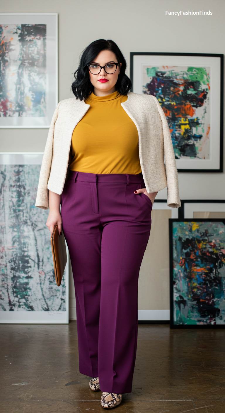 Woman in purple pants, a mustard top, and a cream jacket