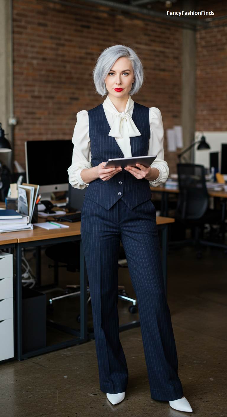 Woman in a pinstripe suit with a pussy-bow blouse