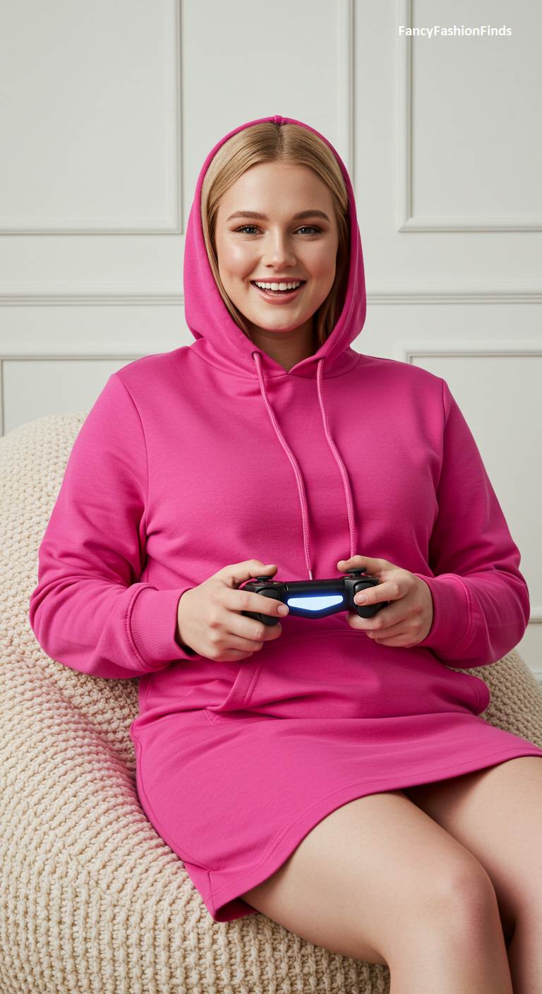 Woman in a bright pink hoodie dress
