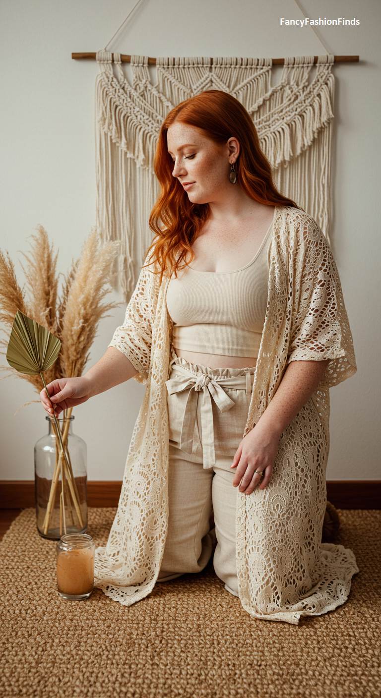 Woman in a neutral-toned bohemian outfit with a lace kimono
