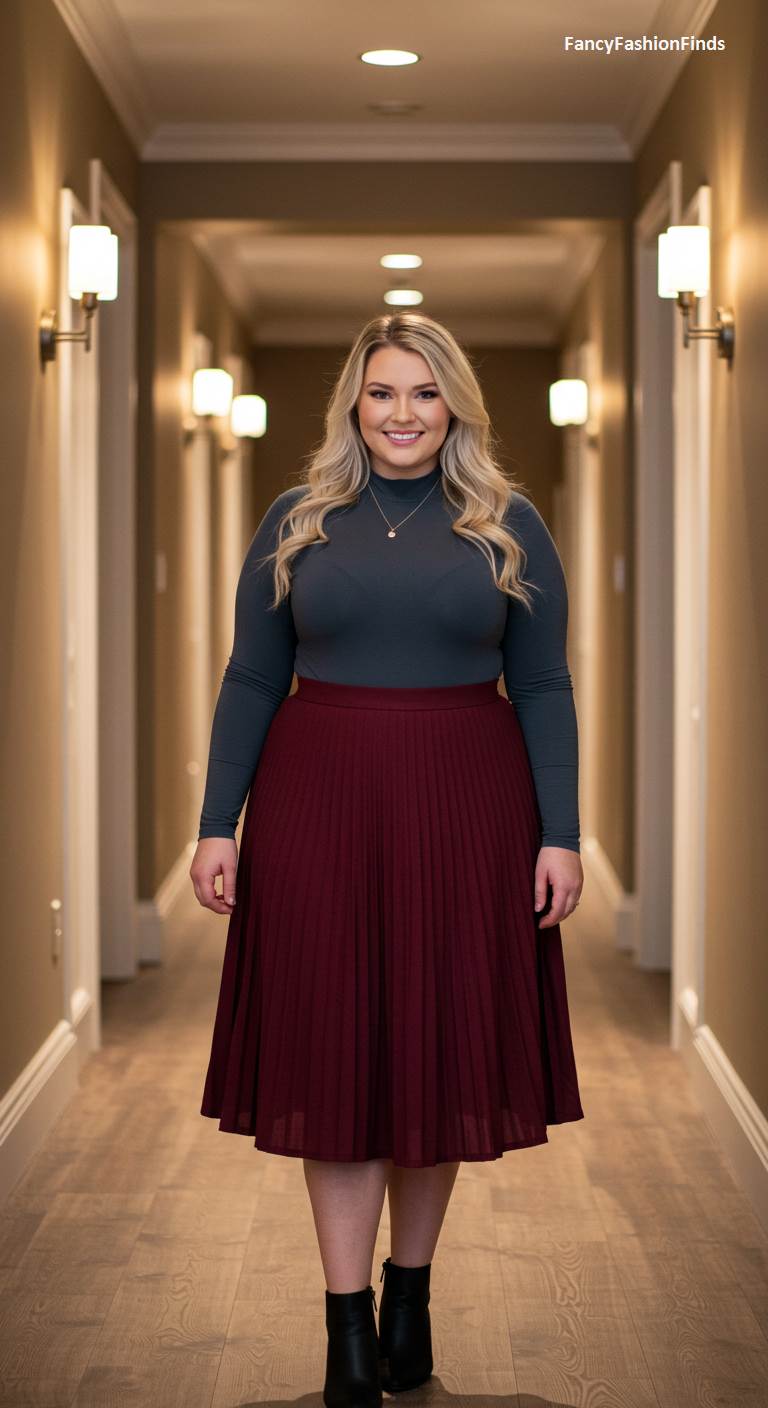 Woman in a long-sleeve top and a pleated burgundy midi skirt