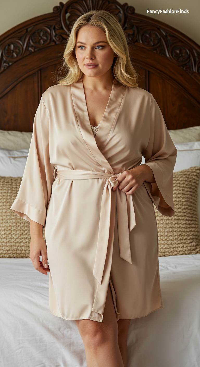Woman in a champagne-colored satin robe