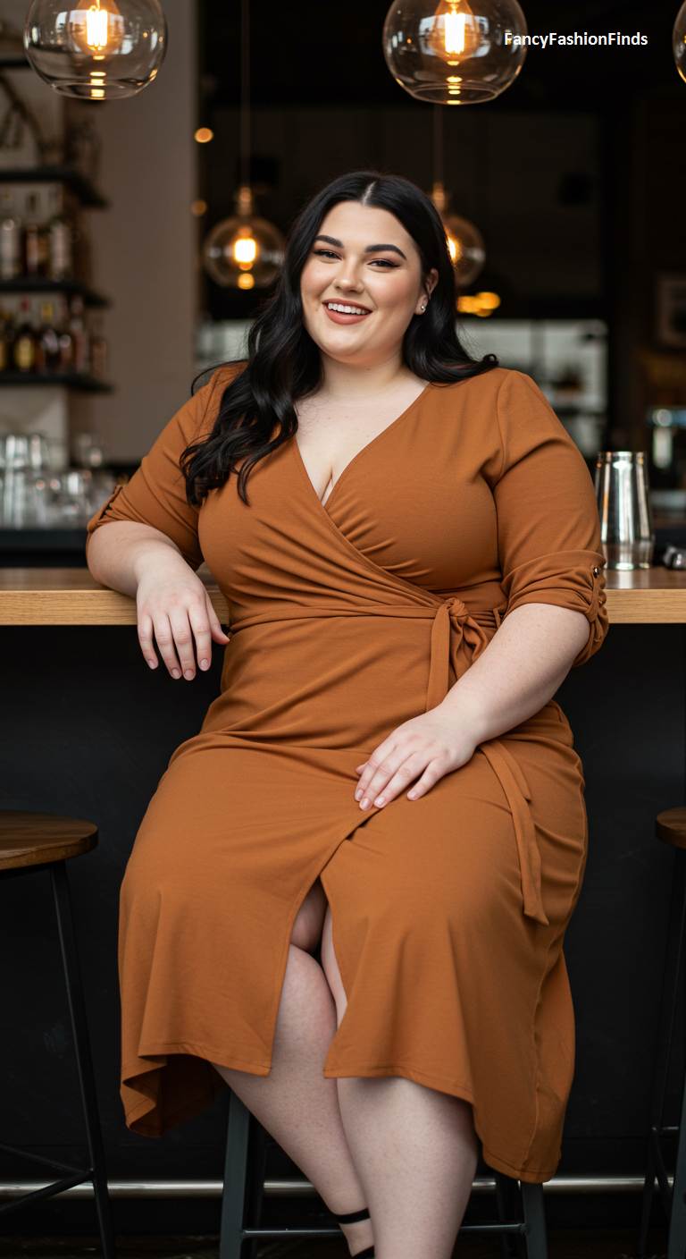 Woman sitting at a bar in a brown wrap dress