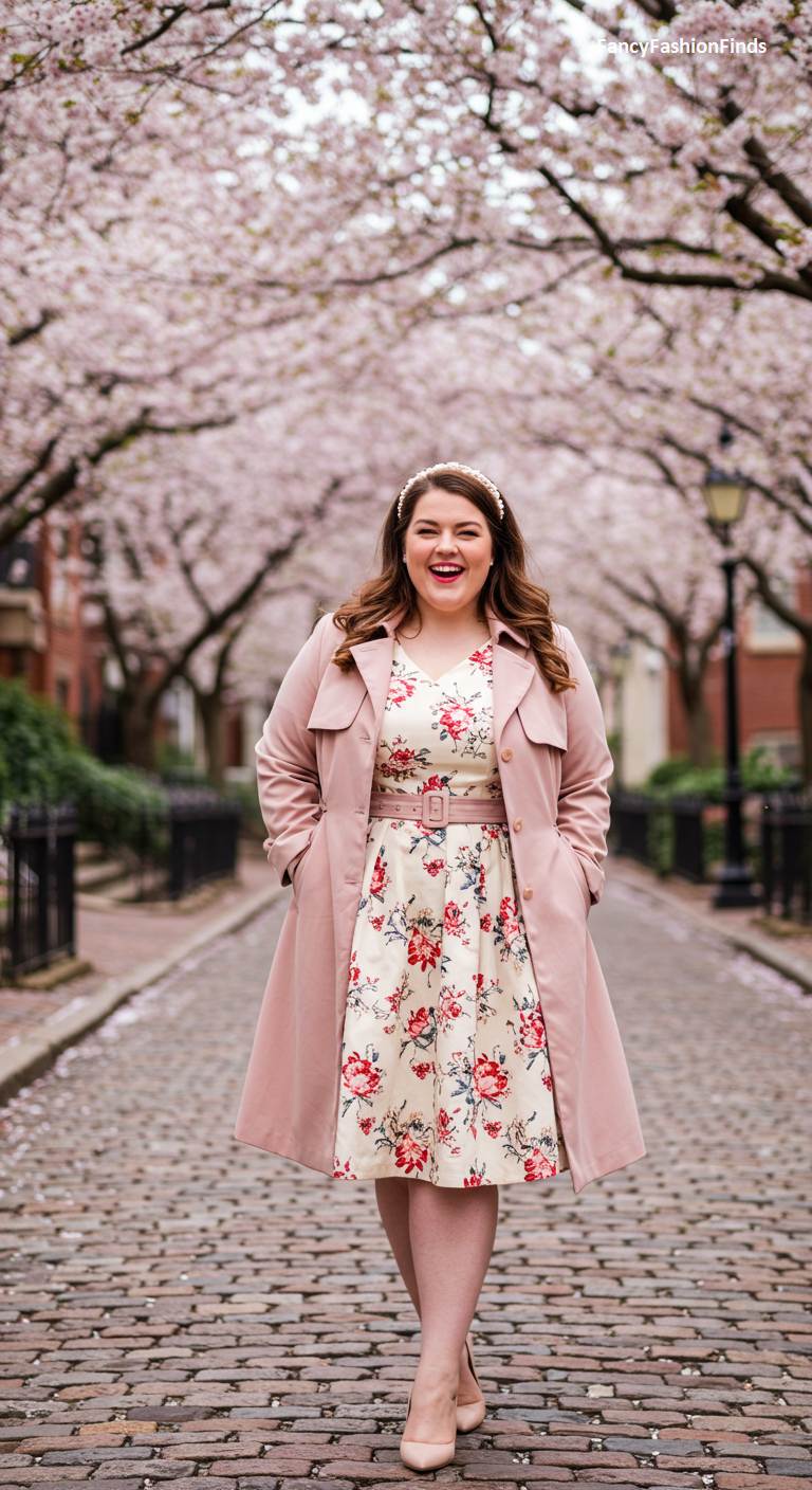 Woman in a floral dress and a pink trench coat
