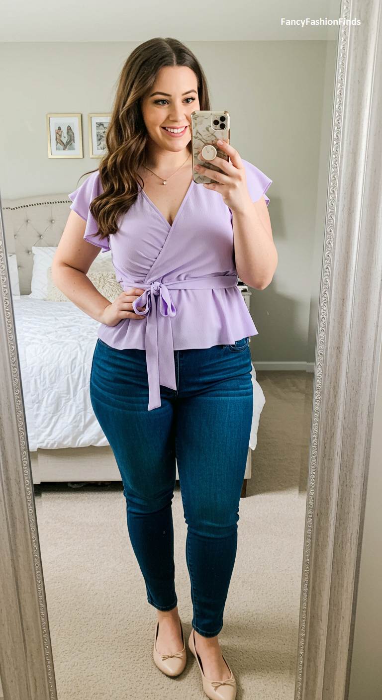 Woman in a lavender wrap top and skinny jeans