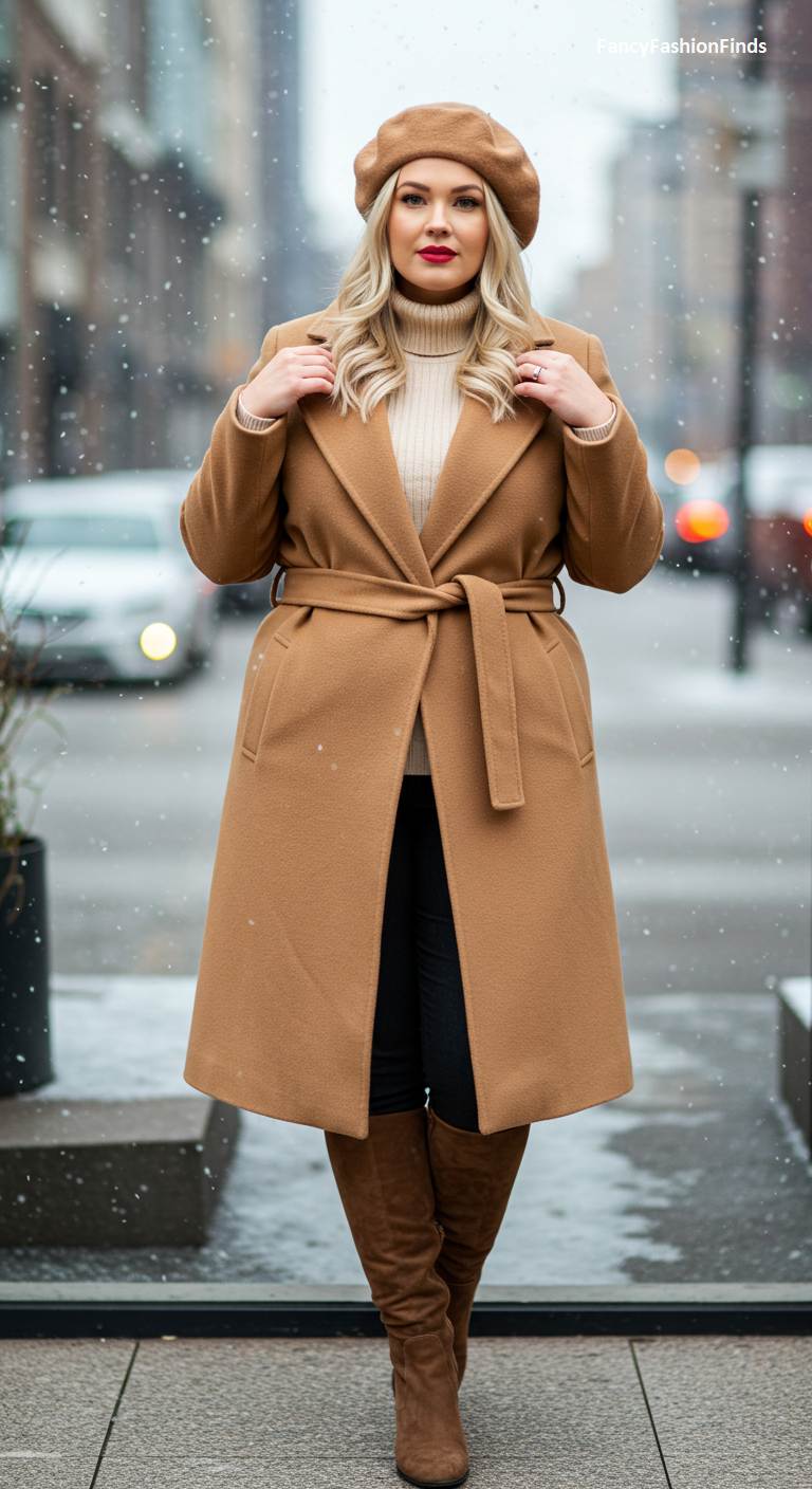 Woman in a belted camel coat and beret in the snow