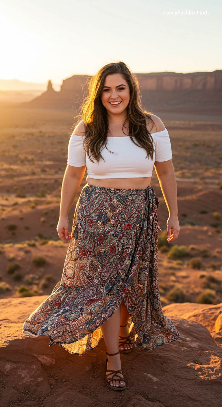 Woman in an off-the-shoulder top and paisley wrap skirt