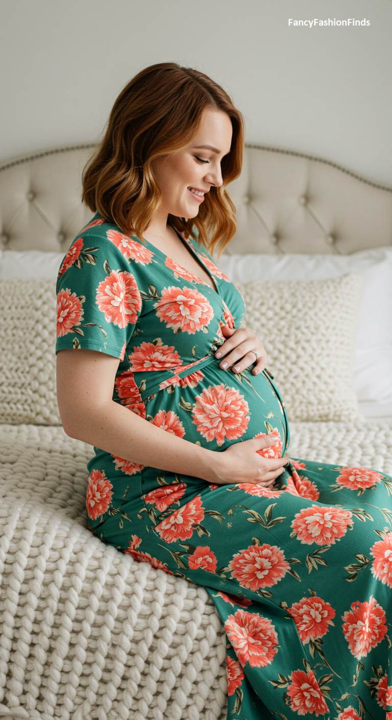 Pregnant woman in a green floral maxi dress