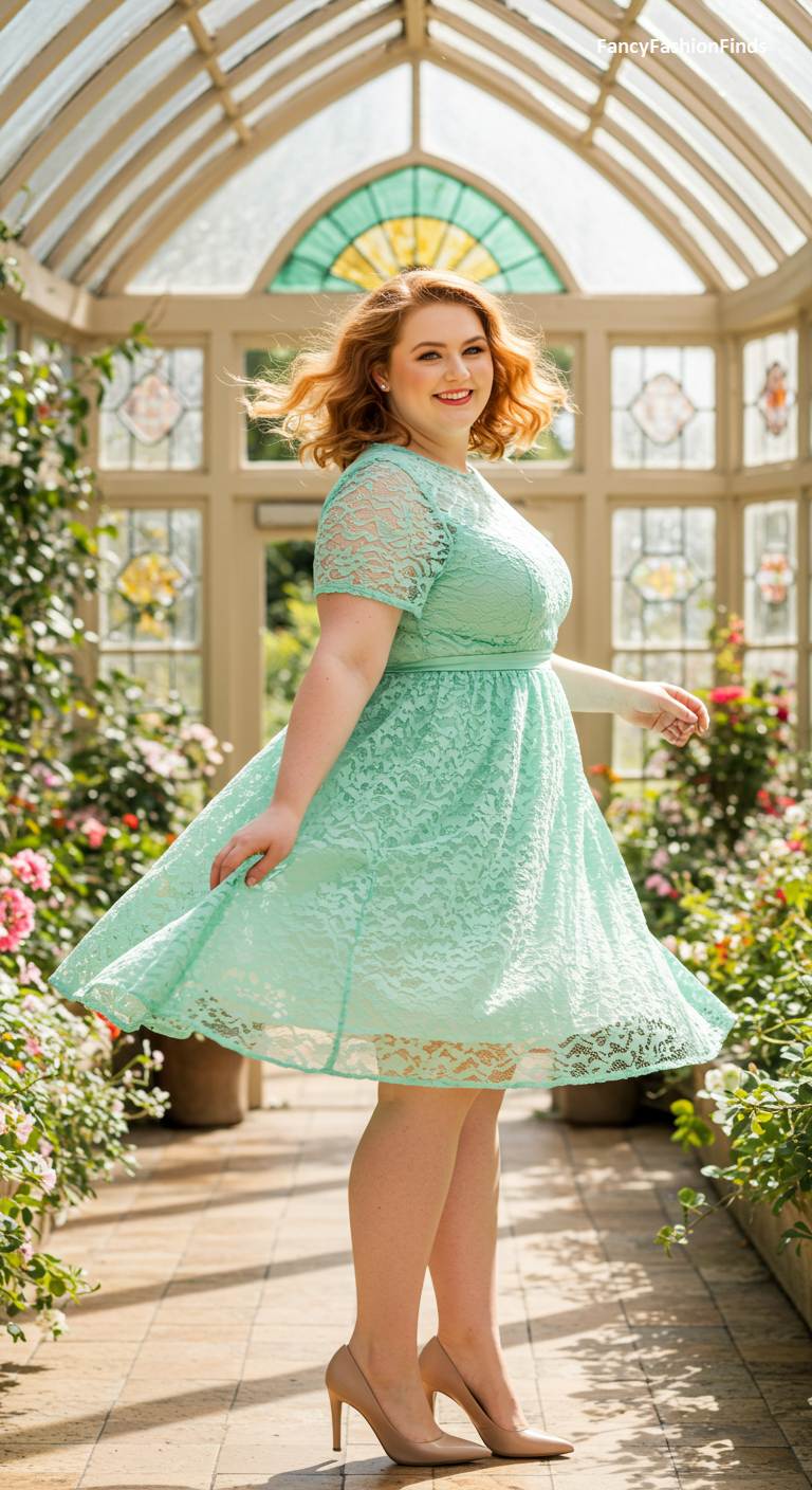 Woman in a mint green lace fit-and-flare dress