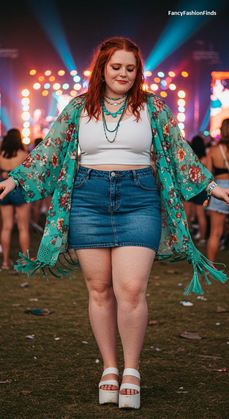 Woman at a festival in a denim skirt and a floral kimono