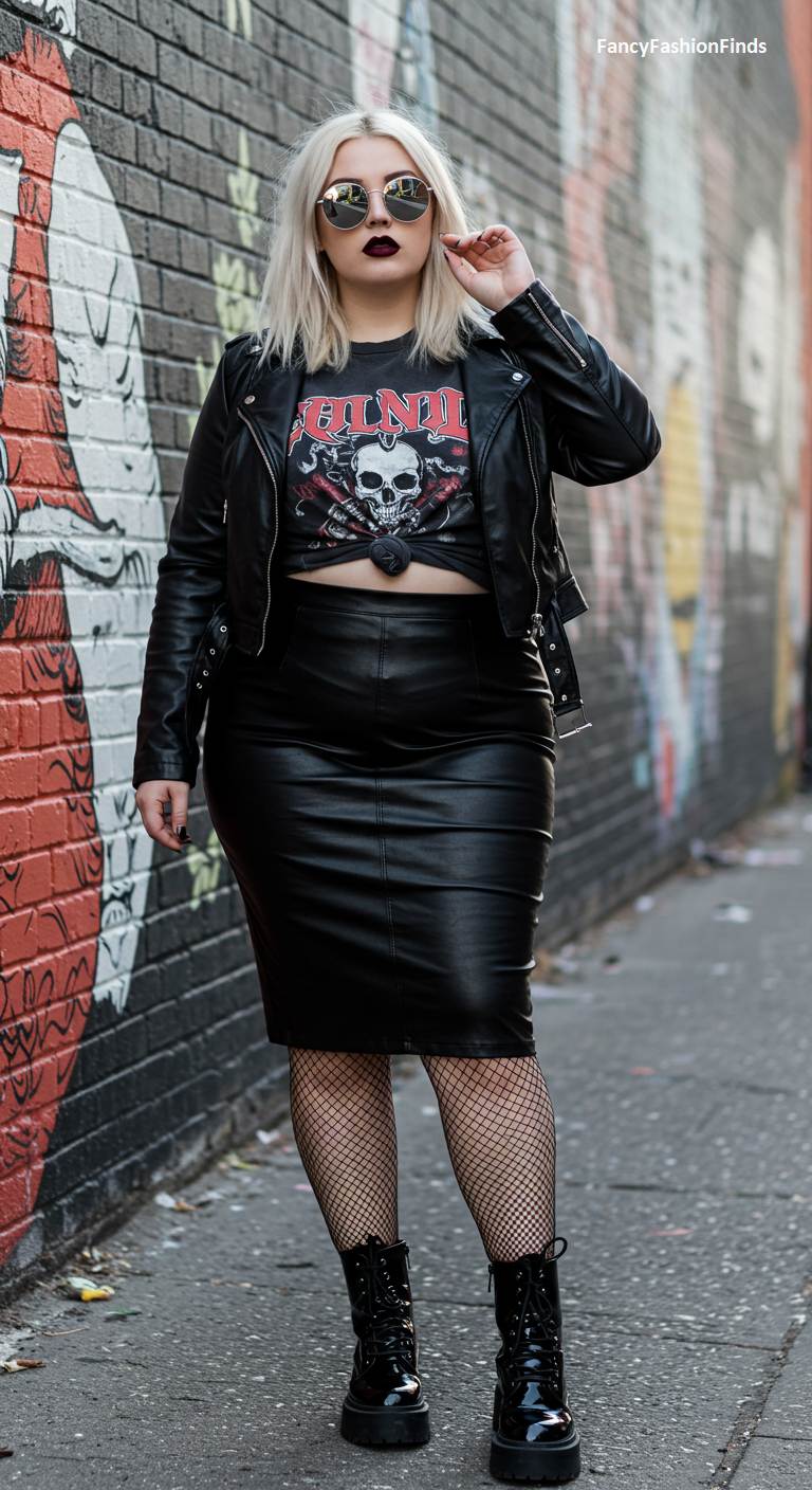 Woman in a leather jacket, band t-shirt, and leather skirt