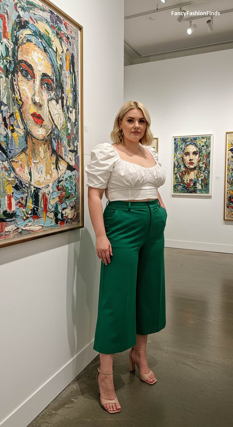 Woman in an art gallery wearing green culottes and a white top