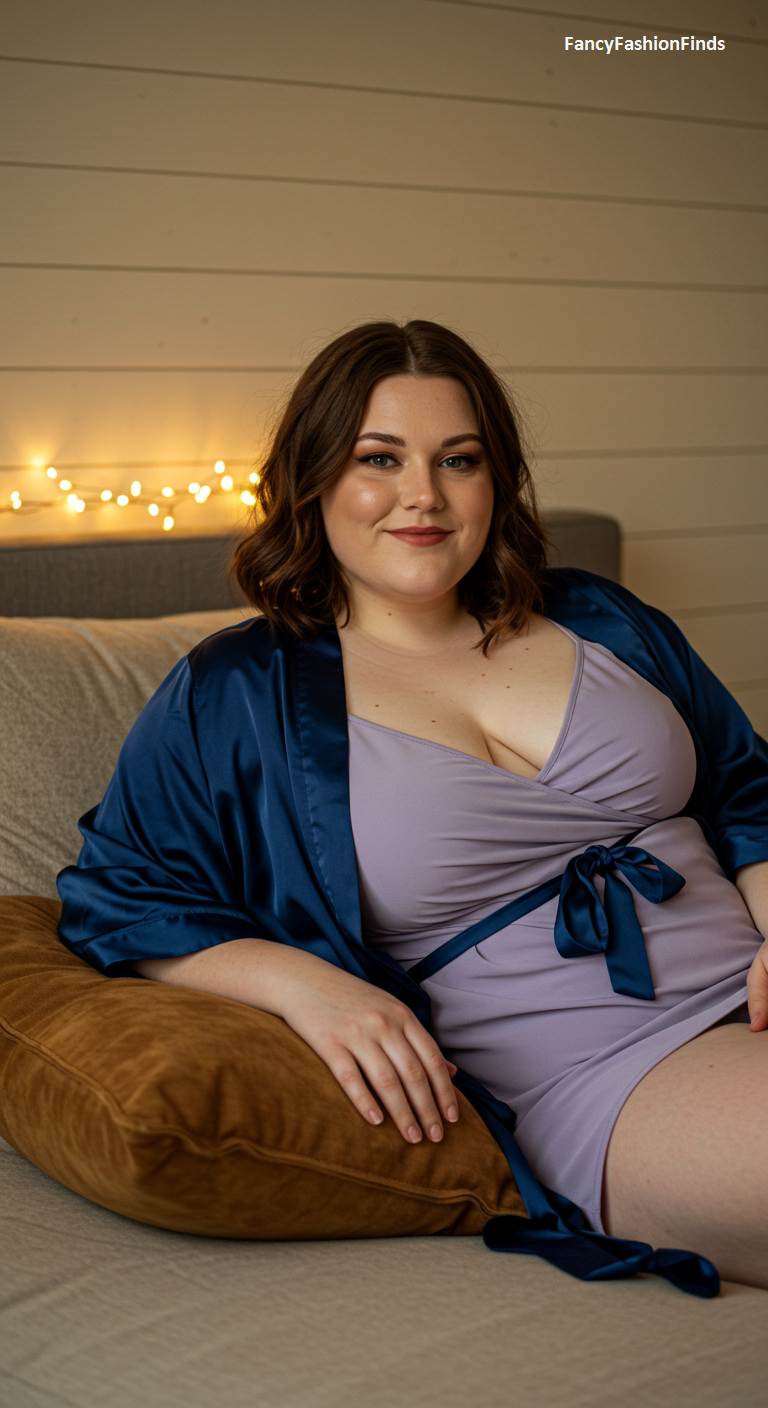 Woman in a lavender slip and a navy satin robe