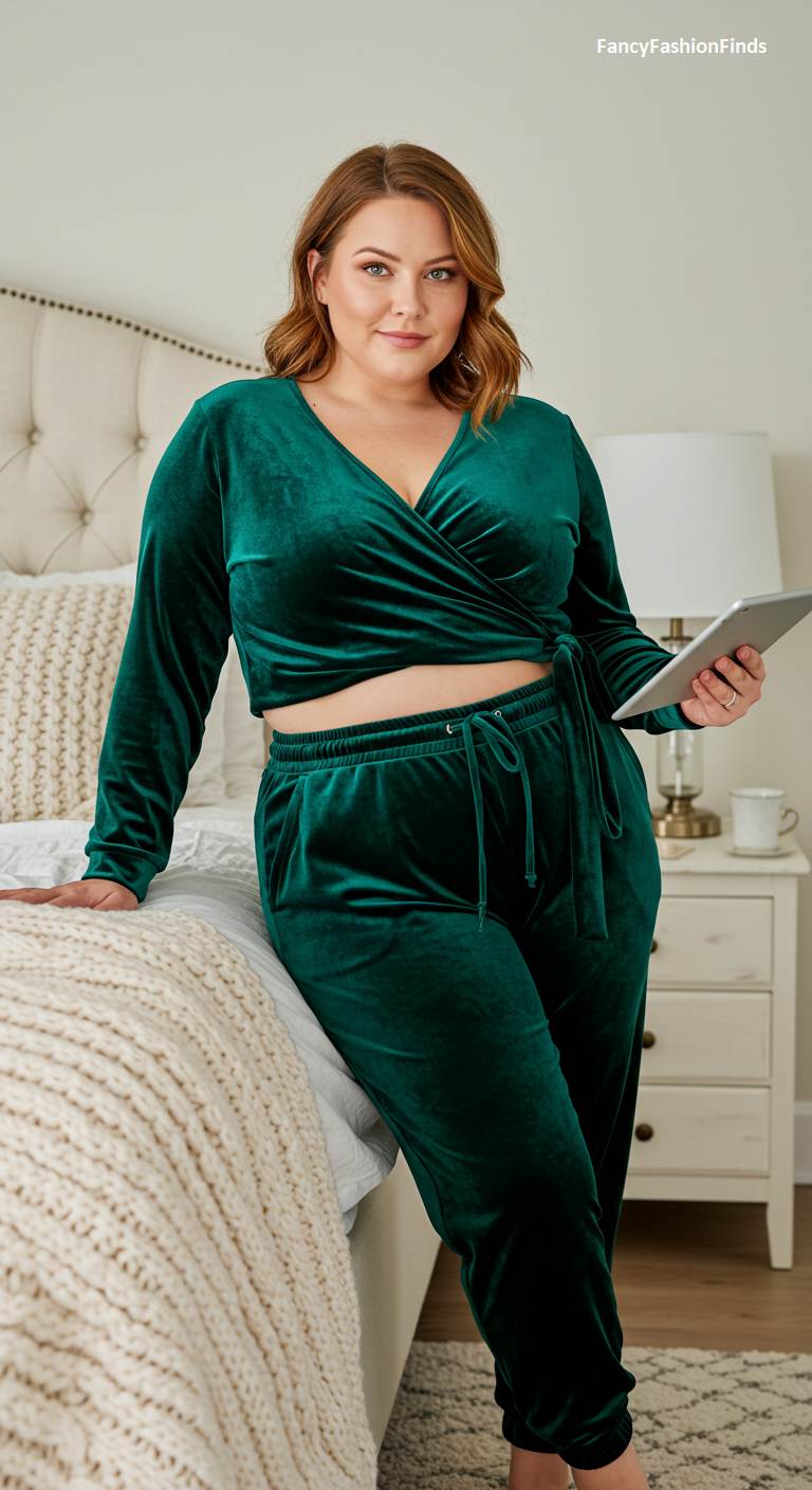 Woman wearing a green velvet wrap top and matching joggers