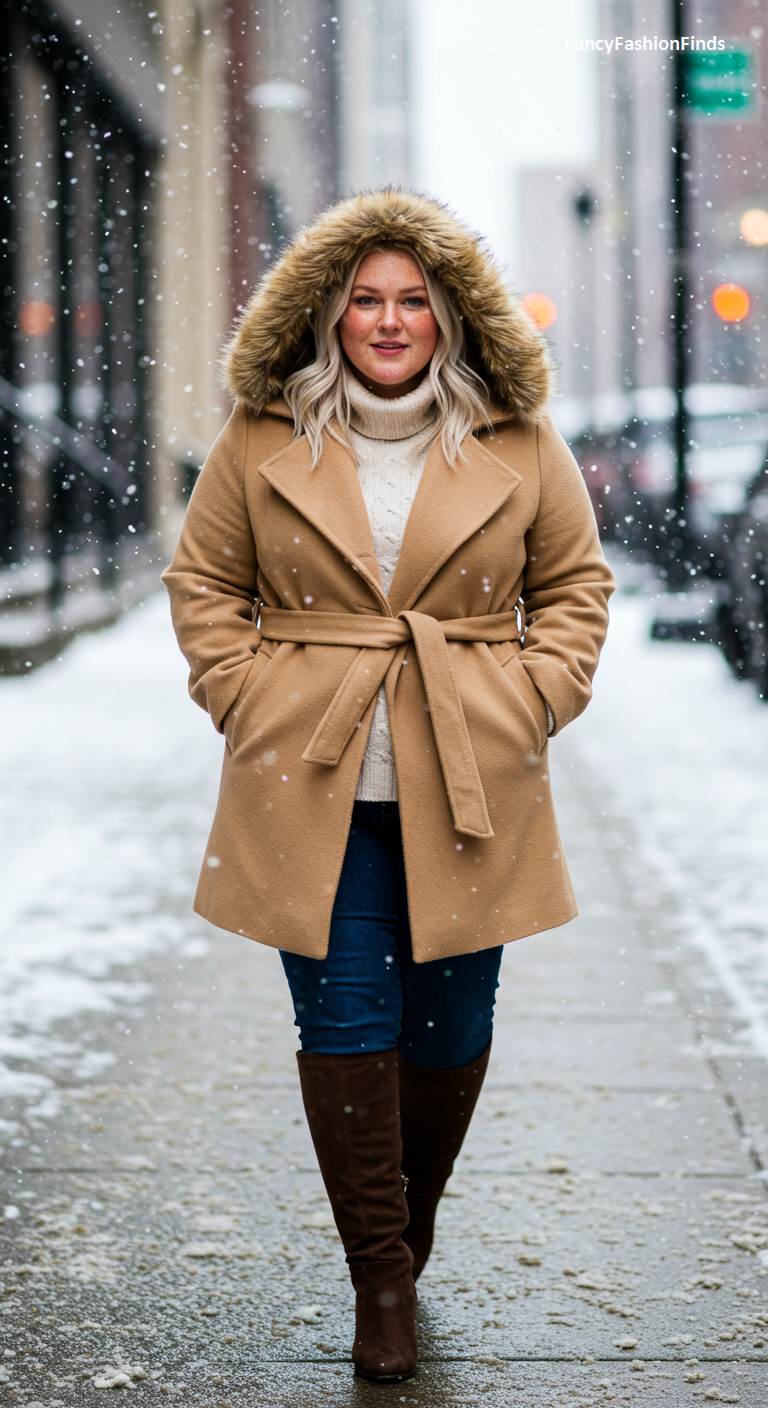 Woman in a camel parka with a fur-trimmed hood