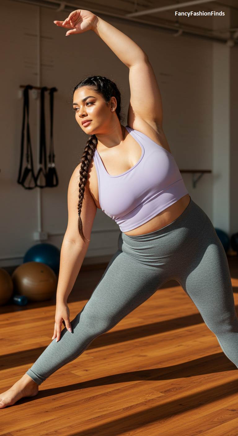 Woman in a yoga studio wearing a lilac sports bra and grey leggings