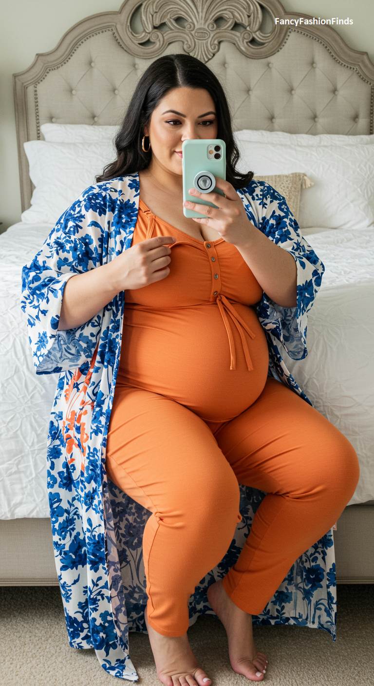 Pregnant woman in an orange jumpsuit and a floral kimono