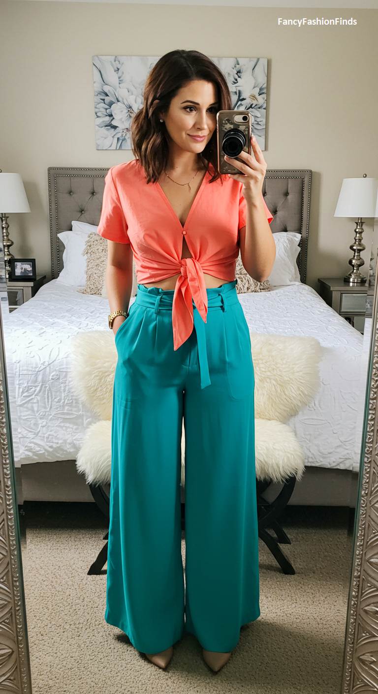Woman in teal wide-leg pants and a coral tie-front top