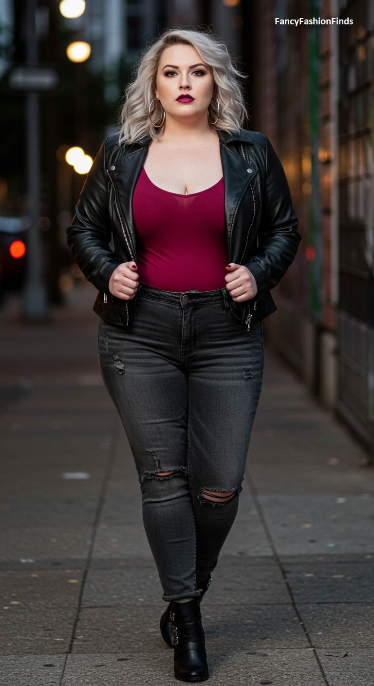 Woman wearing a moto jacket, red top, and distressed grey jeans