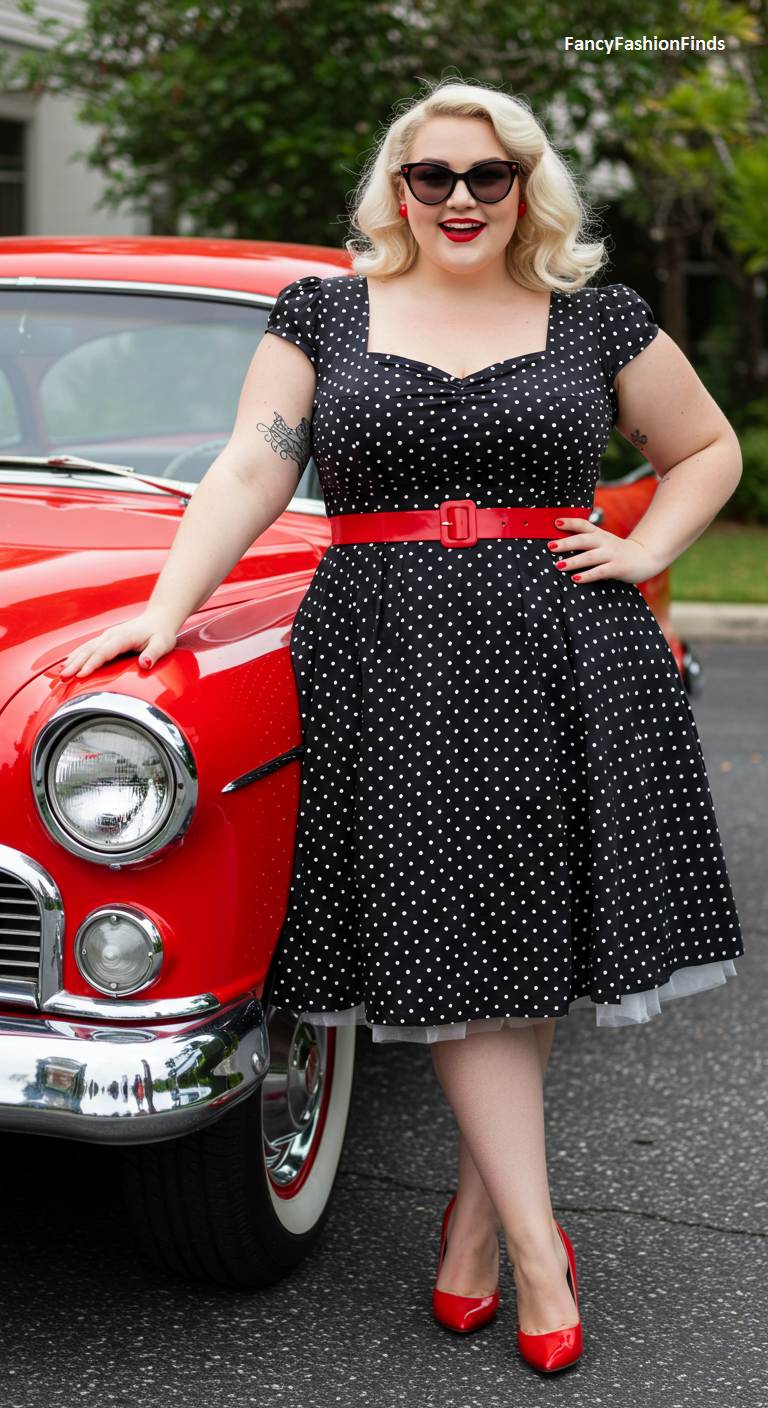 Woman in a retro polka dot dress next to a vintage car