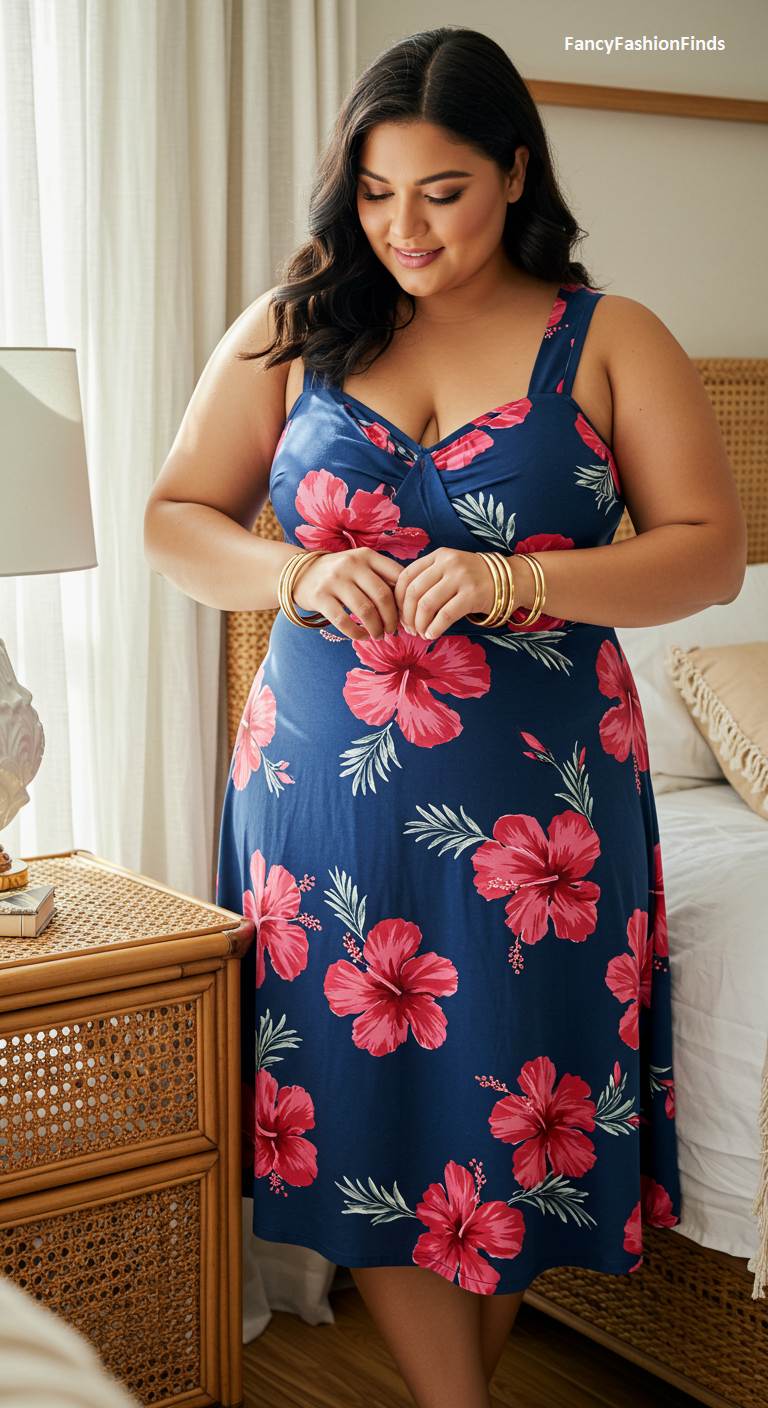Woman in a blue and pink tropical floral print dress