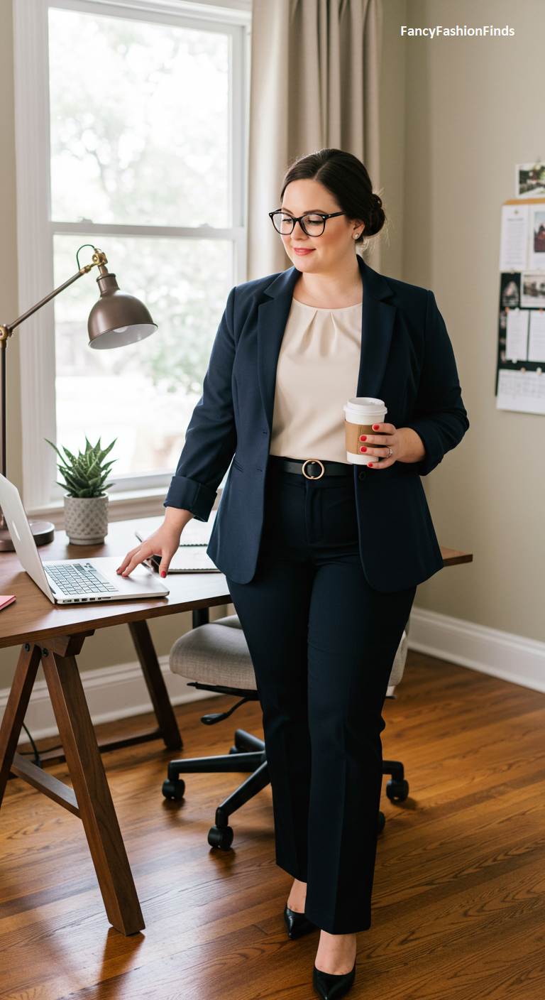Woman in a home office wearing a navy suit with a cream top
