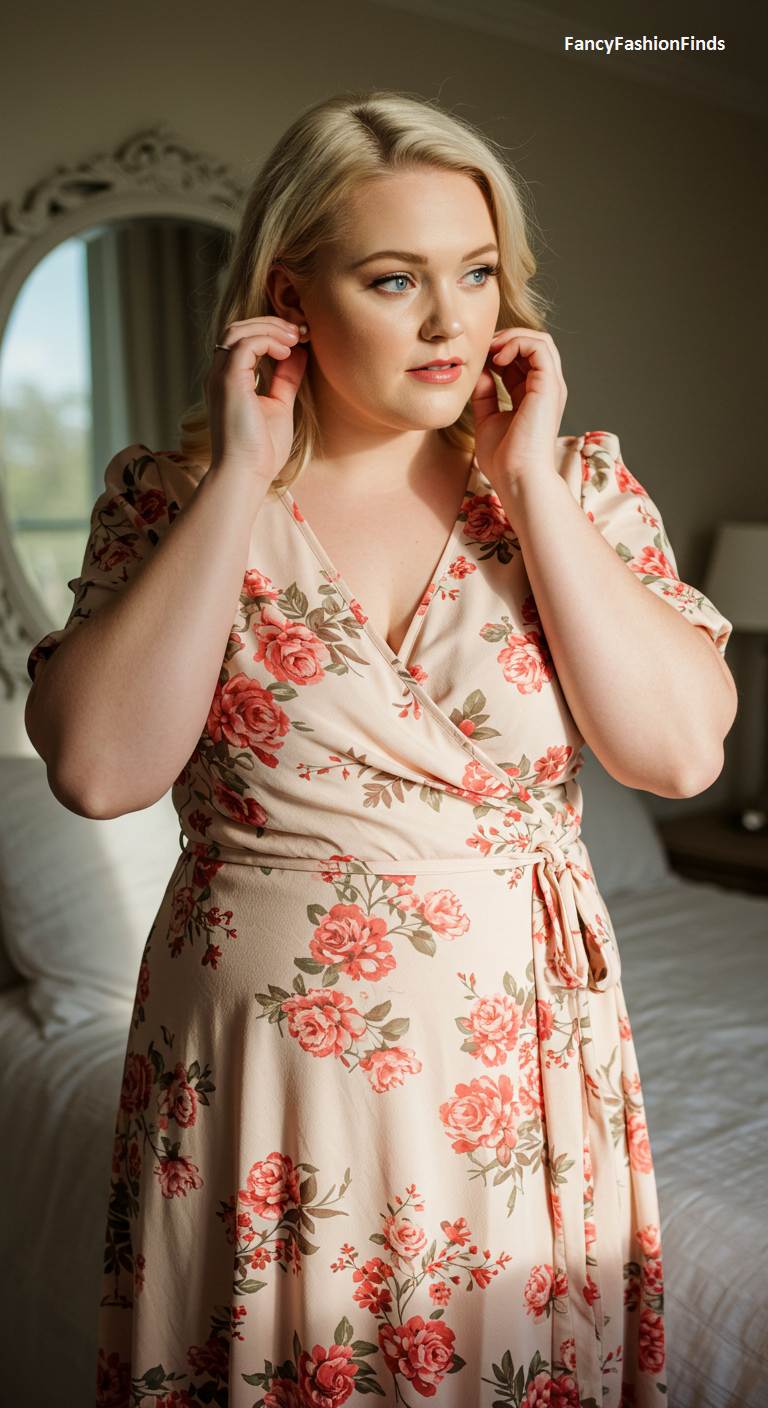 Woman in a pink floral wrap dress