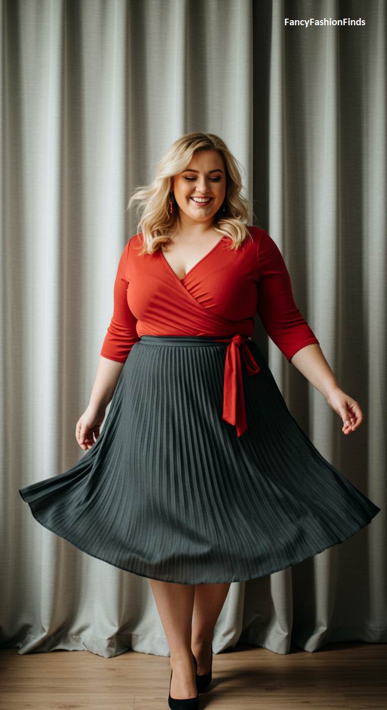 Woman in a red wrap top and a grey pleated skirt