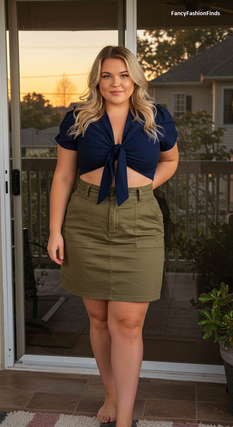 Woman wearing a navy tie-front top and an olive green skirt