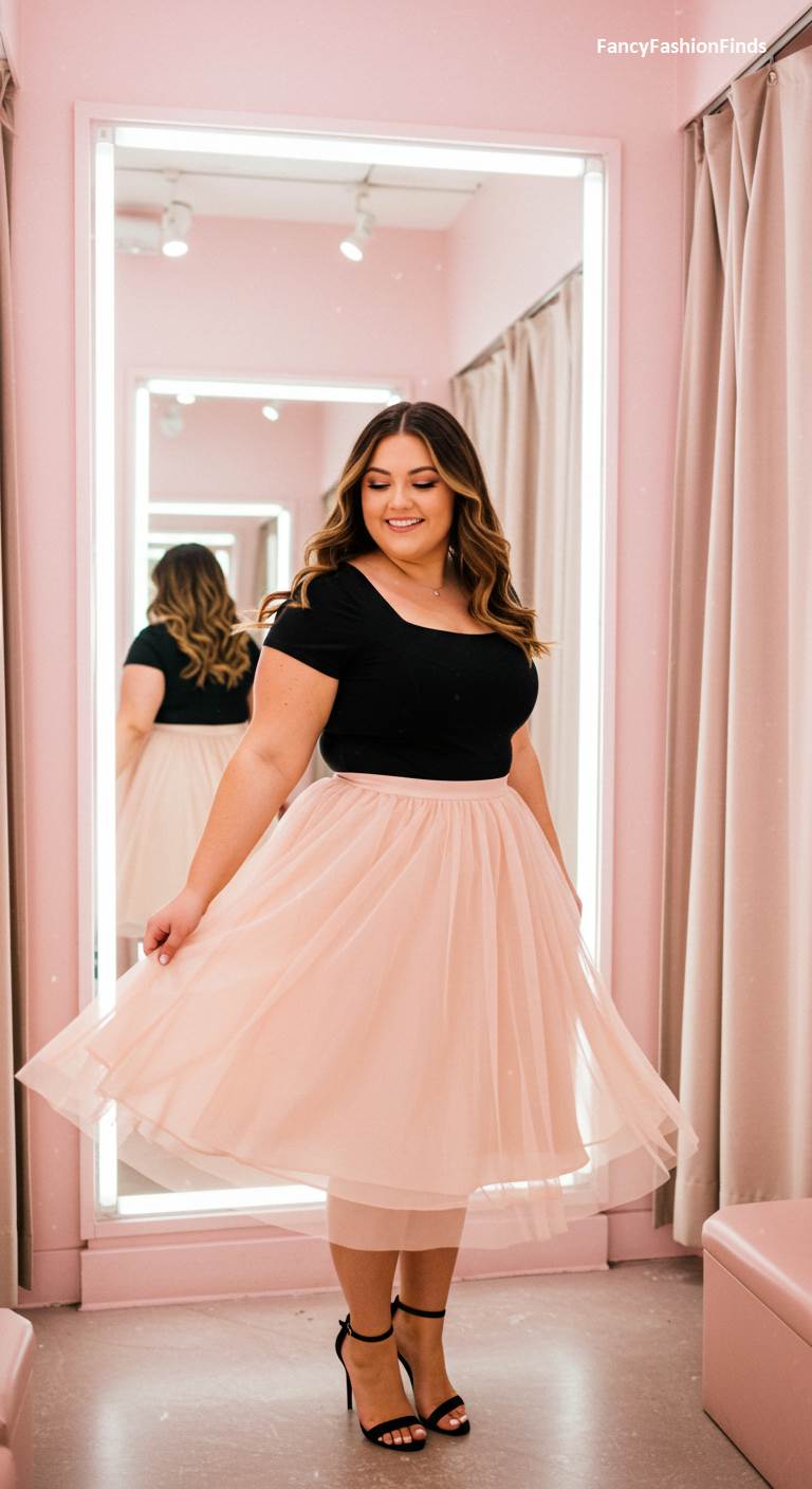 Woman in a black top and a pink tulle skirt