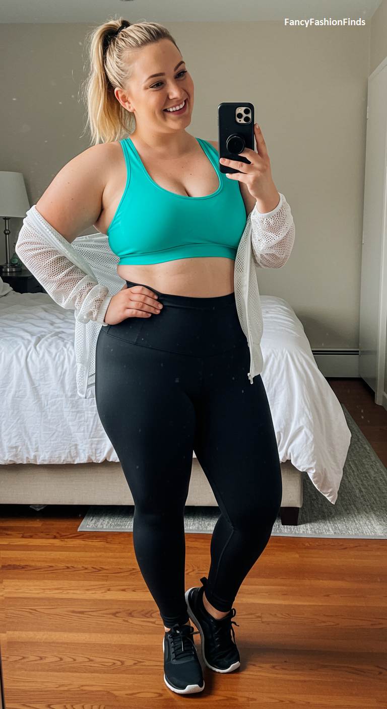 Woman in a teal sports bra and black leggings