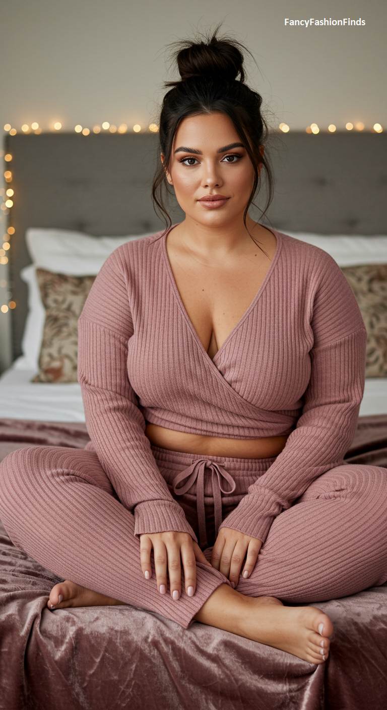 Woman sitting on a bed in a dusty rose ribbed lounge set