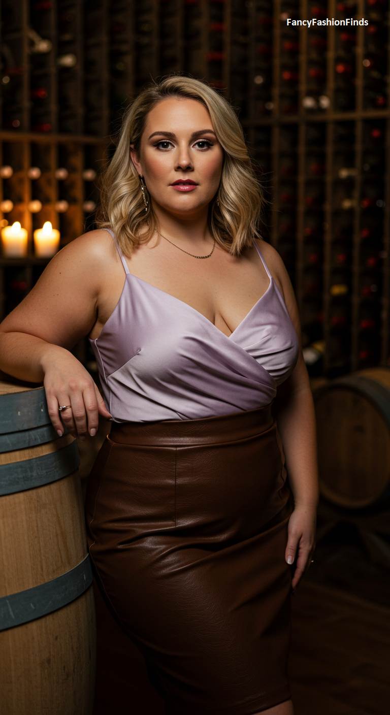 Woman in a lavender satin cami and a brown leather skirt