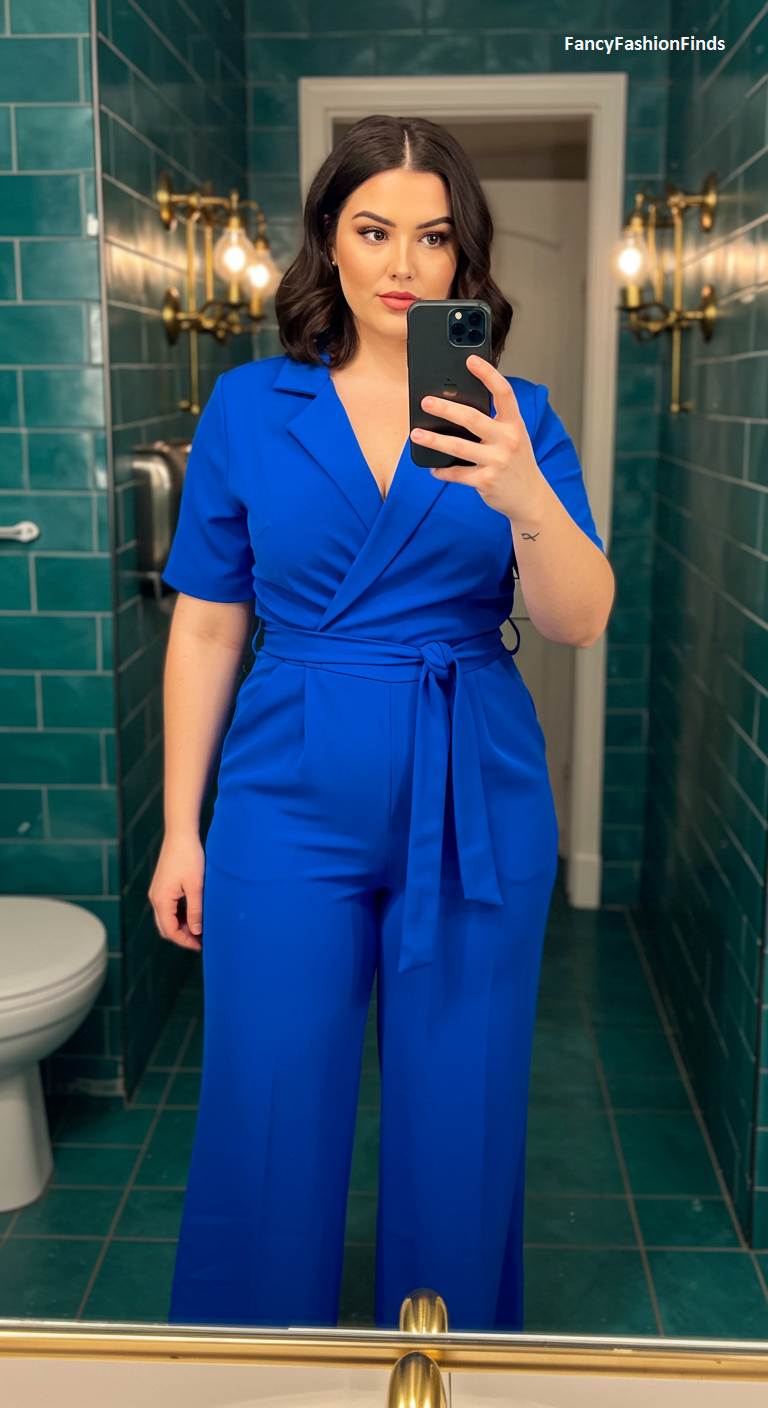 Woman taking a mirror selfie in a royal blue jumpsuit