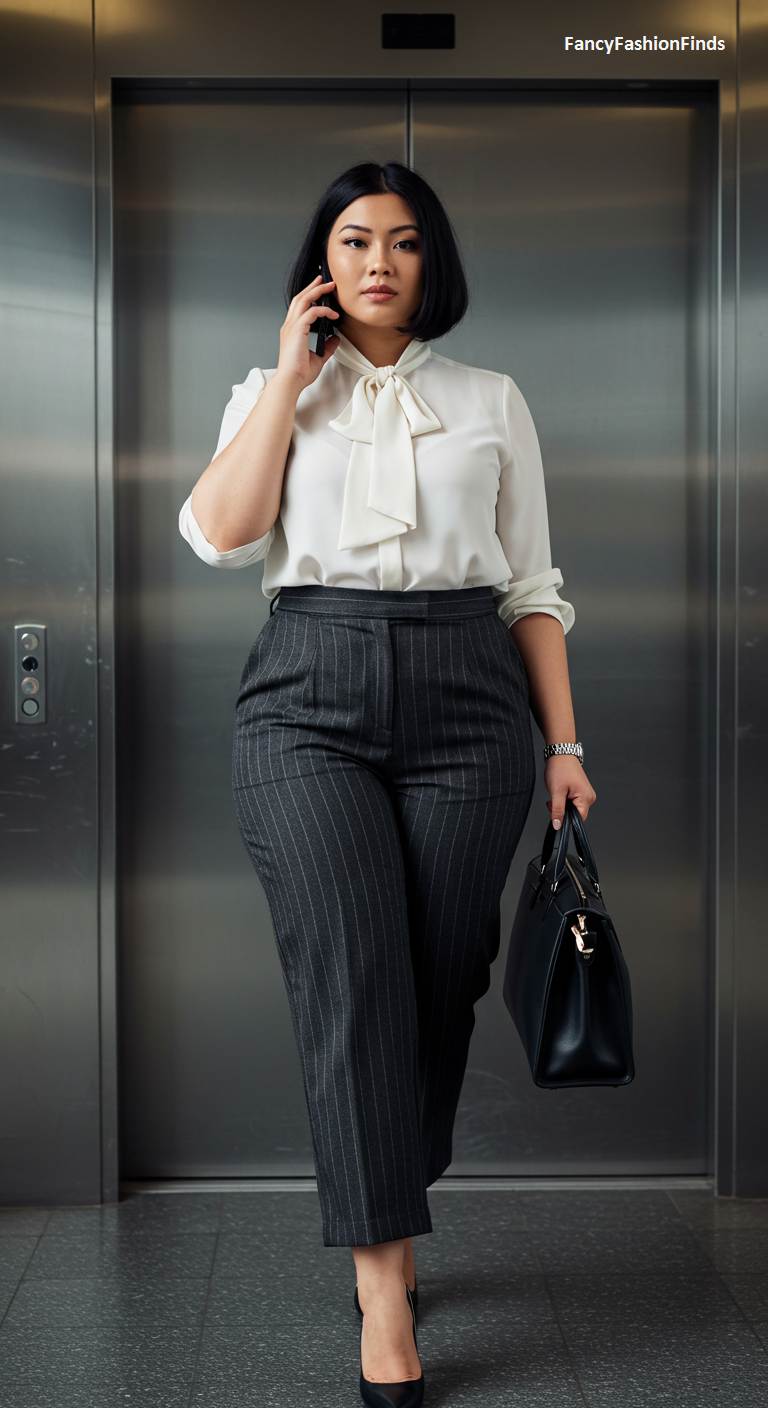 Woman in an elevator wearing pinstripe trousers and a bow blouse