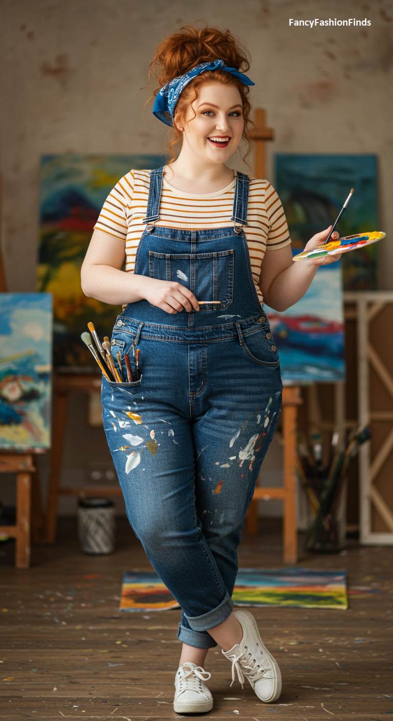 Woman in an art studio wearing denim overalls