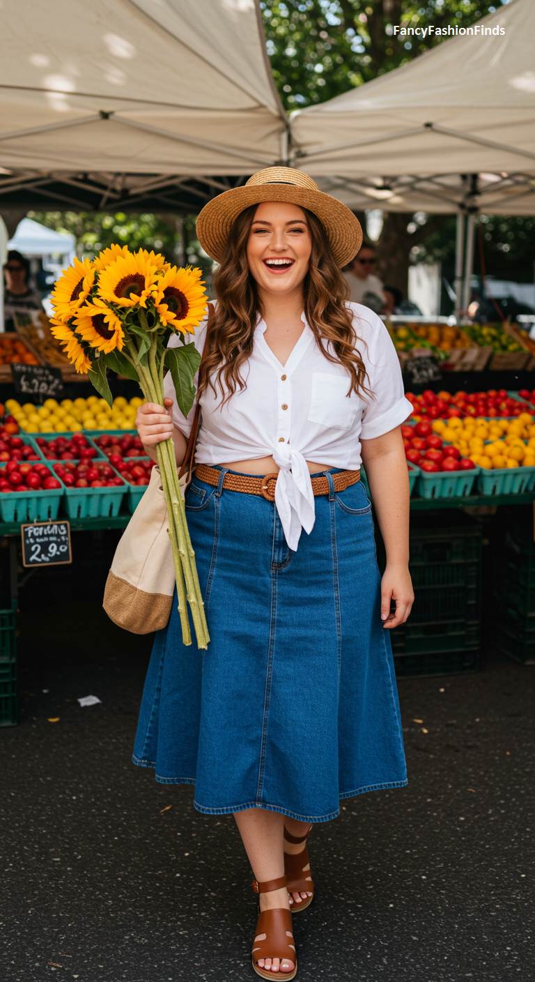 Woman at a farmers market in a denim skirt and a tie-front shirt